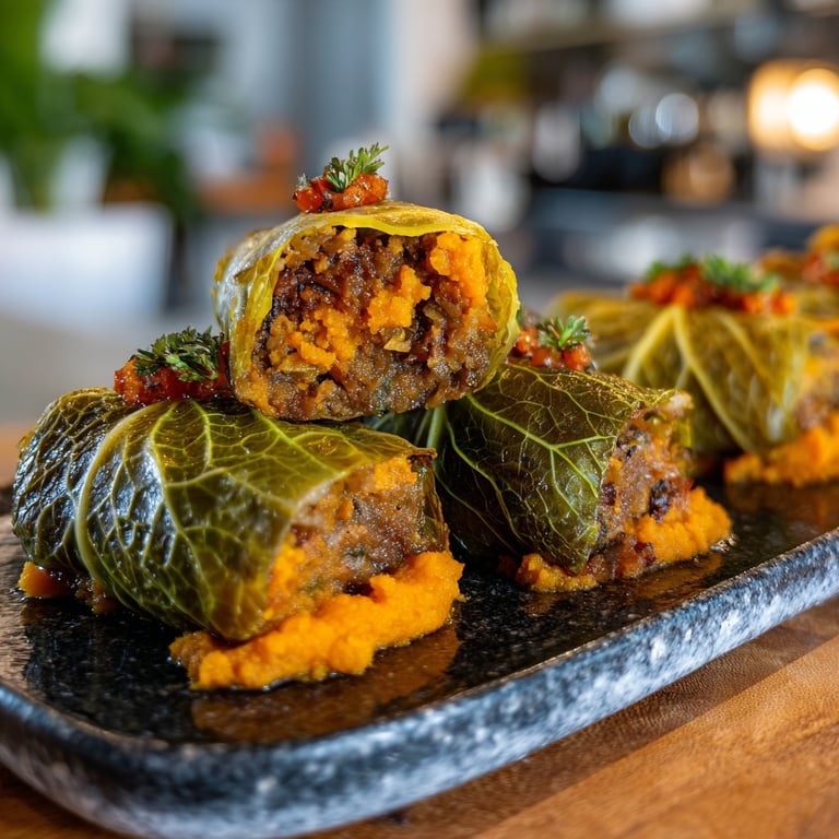 Vegane Rotkohlrouladen mit Süßkartoffelstampf