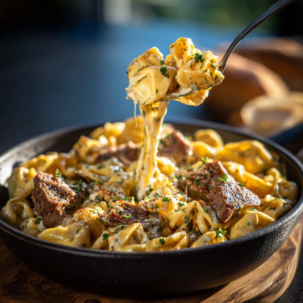 Knoblauch Steak Tortellini mit cremiger Cajun-Sauce