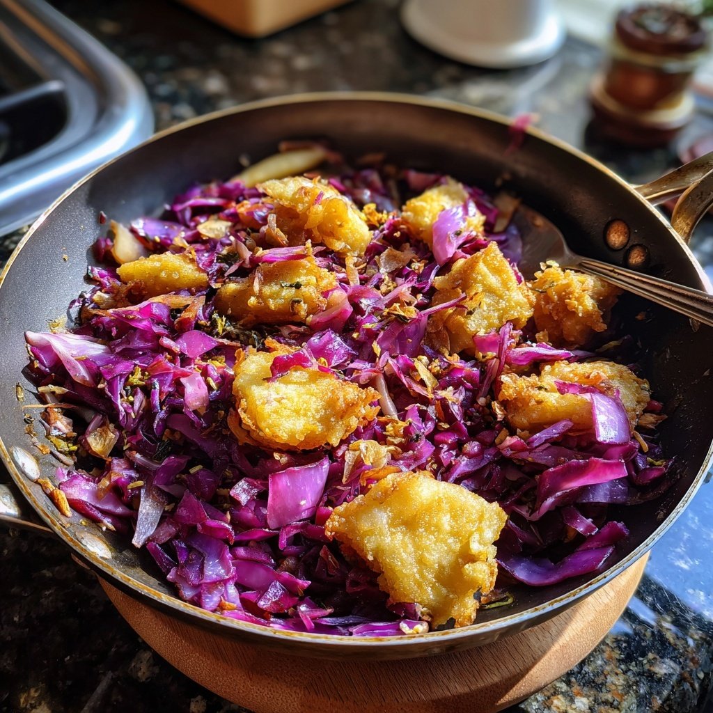 Winter-Schupfnudelpfanne mit Rotkohl und Mock Duck