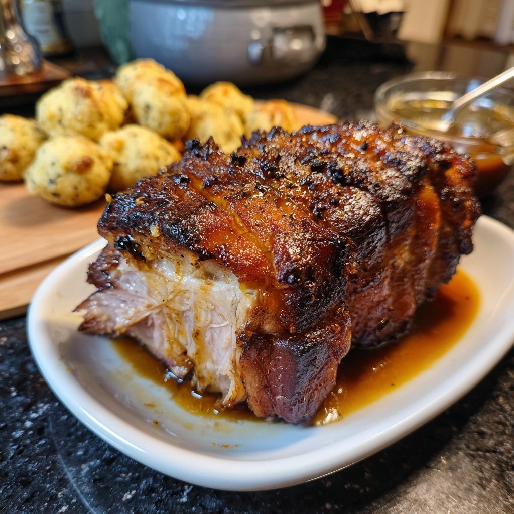 Schweinekrustenbraten mit Biersauce und Semmelknödeln​
