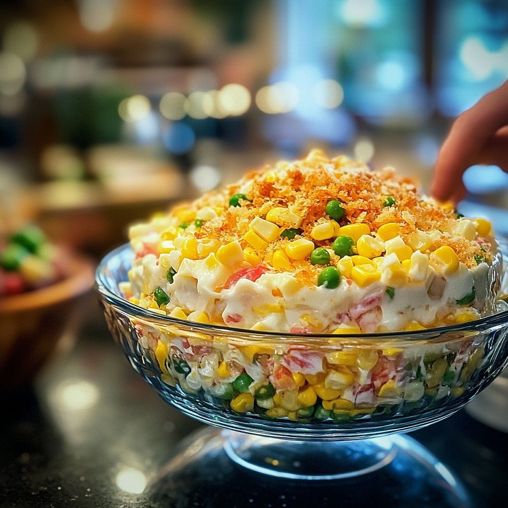 Weihnachtlicher Schichtsalat mit Mais und Erbsen